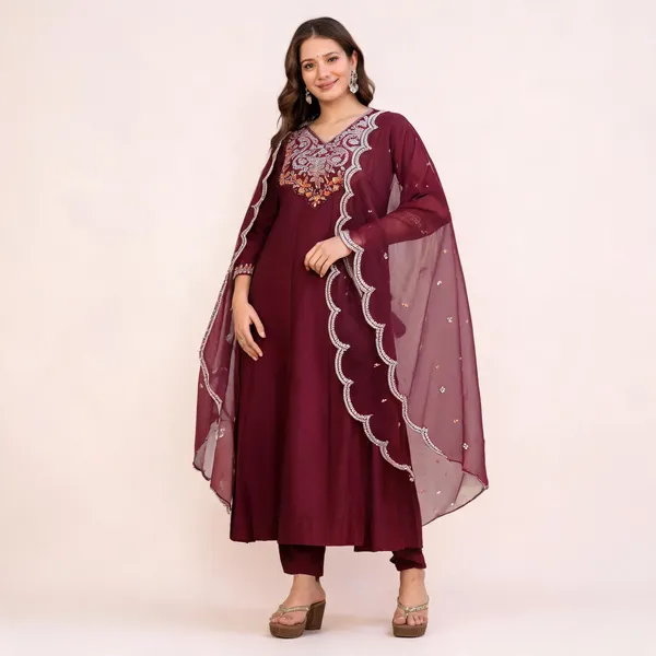 Maroon_Chinon_Embroidered_Anarkali_Kurta_Set_For_Women