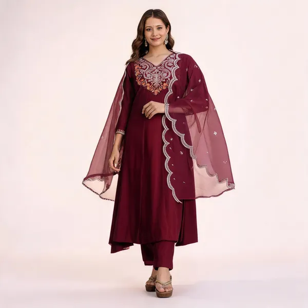 Maroon_Chinon_Embroidered_Anarkali_Kurta_Set_For_Women