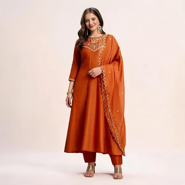 Orange_Cotton_Anarkali_Embroidered_Kurta_With_Bottom_&_Dupatta_For_Women