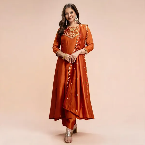 Orange_Cotton_Anarkali_Embroidered_Kurta_With_Bottom_&_Dupatta_For_Women