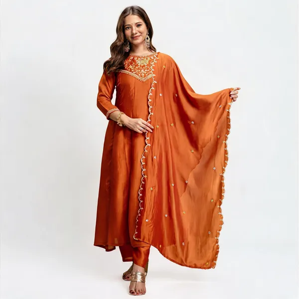 Orange_Vichitra_Silk_Embroidered_Kurta_Set_For_Women