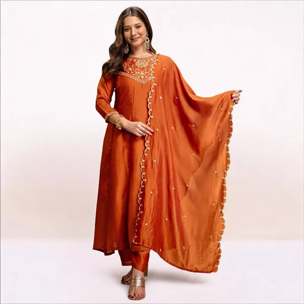 Orange_Vichitra_Silk_Embroidered_Kurta_Set_For_Women