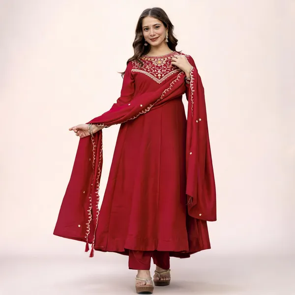 Coffee_Vichitra_Silk_Embroidered_Anarkali_Kurta_Set_For_Women