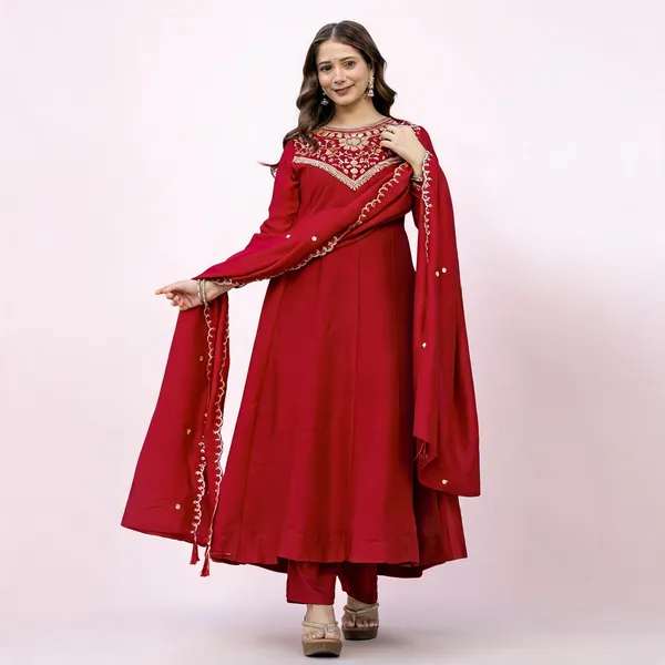 Coffee_Vichitra_Silk_Embroidered_Anarkali_Kurta_Set_For_Women