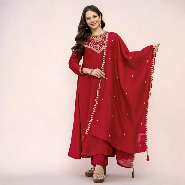 Red_Vichitra_Silk_Embroidered_Straight_Kurta_Set_For_Women