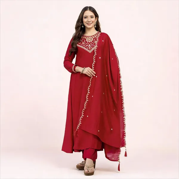 Red_Vichitra_Silk_Embroidered_Straight_Kurta_Set_For_Women