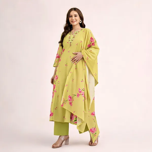 Yellow_Cotton_Floral_Printed_Embroidered_Kurta_Set_For_Women