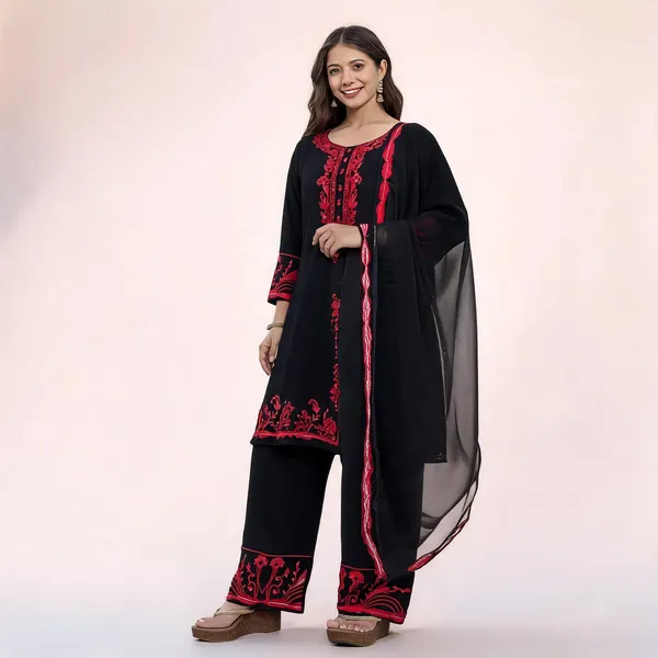 Black_Georgette_Straight_Thread_Embroidered_Kurta_Set_For_Women