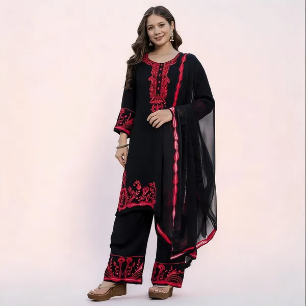 Black_Georgette_Straight_Thread_Embroidered_Kurta_Set_For_Women