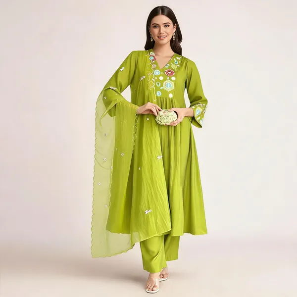Green_Cotton_Anarkali_Embroidered_Kurta_Set_For_Women