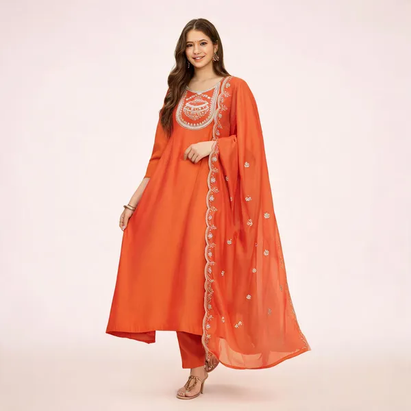 Orange_Vichitra_Silk_Anarkali_Embroidered_Kurta_Set_For_Women