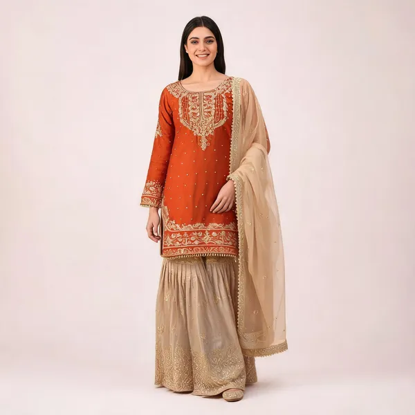 Orange_Silk_Straight_Embroidered_Sequin_Kurta_Set_For_Women