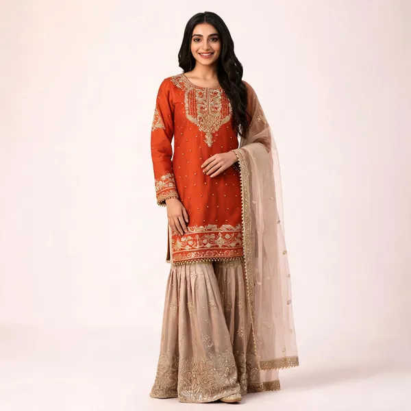 Orange_Silk_Straight_Embroidered_Sequin_Kurta_Set_For_Women