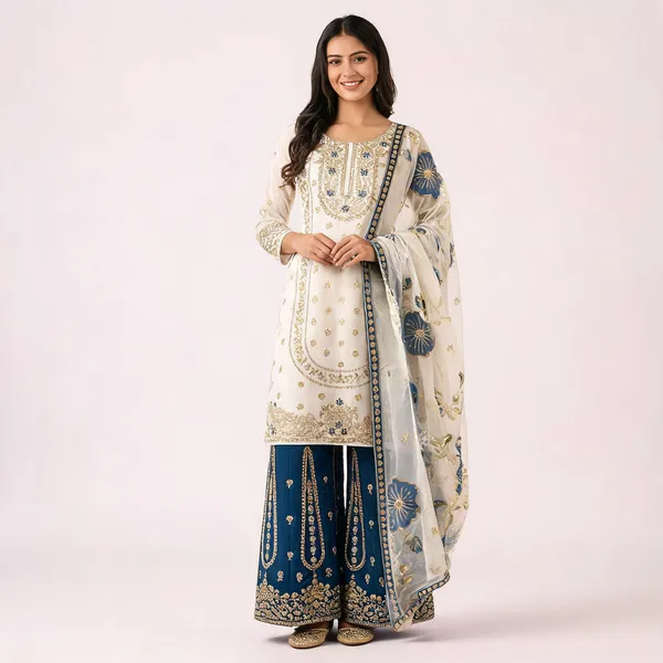 White_And_Blue_Gmy_Silk_Straight_Embellished_Kurta_Set_For_Women