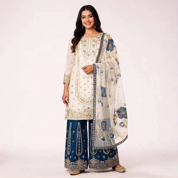 White_And_Blue_Gmy_Silk_Straight_Embellished_Kurta_Set_For_Women