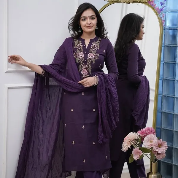 Purple_Cotton_Slim_Fit_Embroidered_Kurta_Set_For_Women
