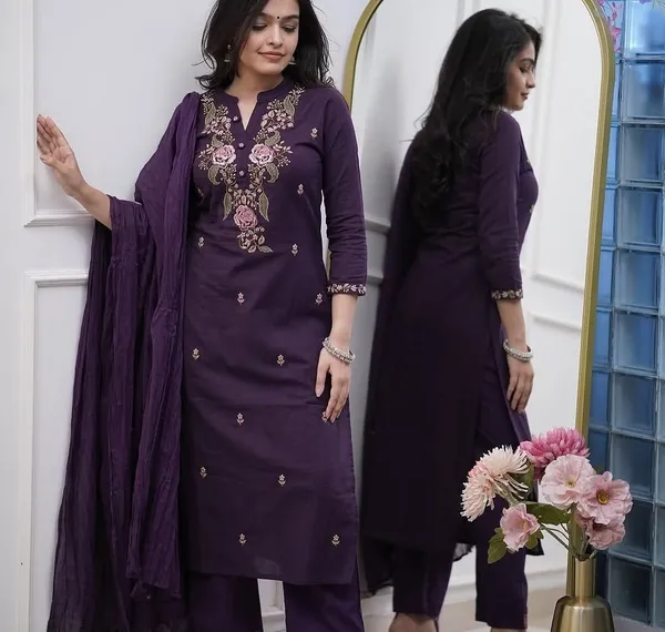 Purple_Cotton_Slim_Fit_Embroidered_Kurta_Set_For_Women