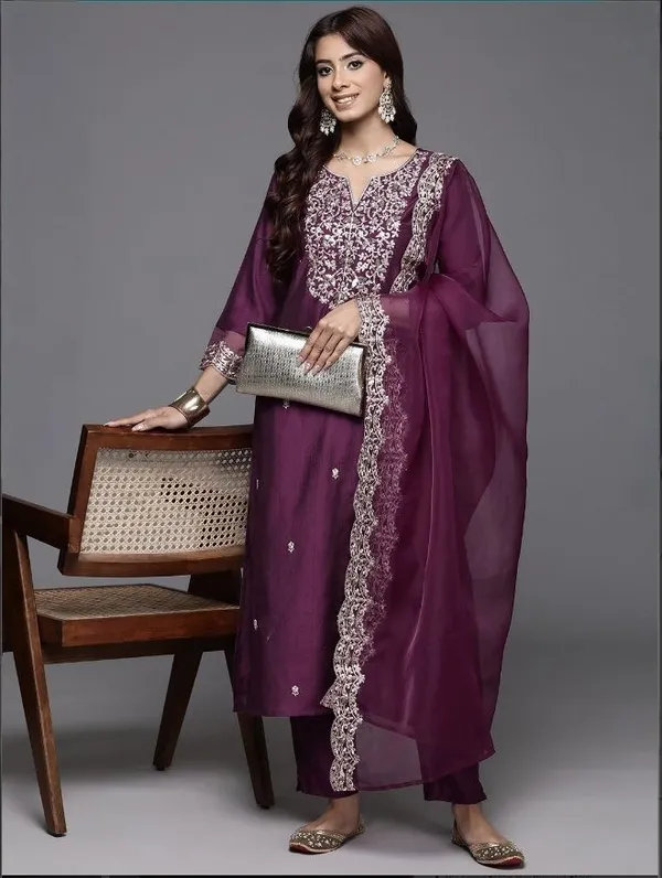 Wine_Chanderi_Embroidered_Yoke_Straight_Kurta_Salwar_Set_For_Women