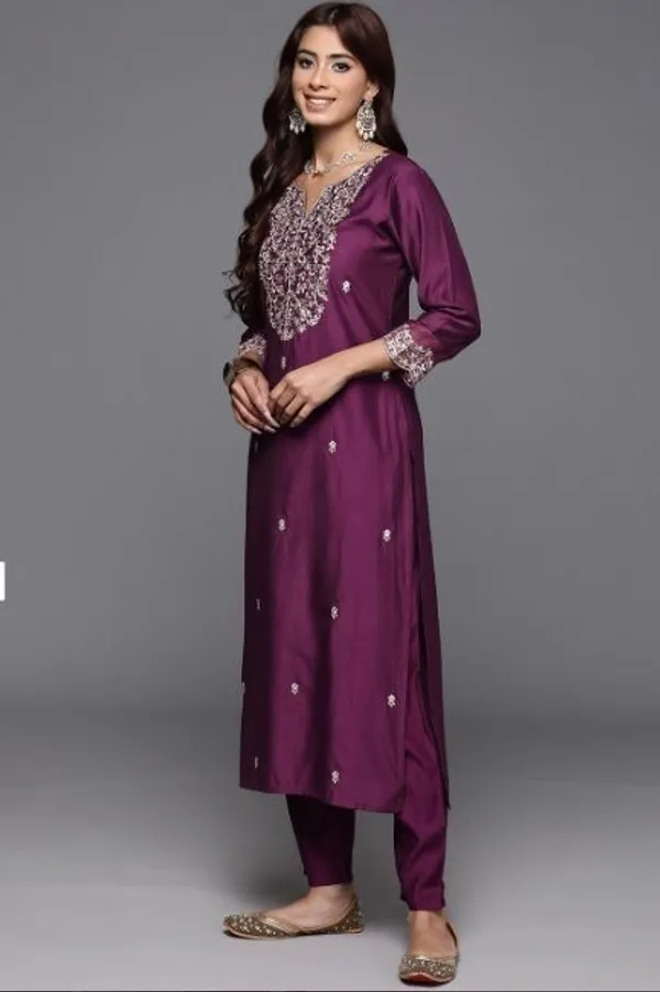 Wine_Chanderi_Embroidered_Yoke_Straight_Kurta_Salwar_Set_For_Women