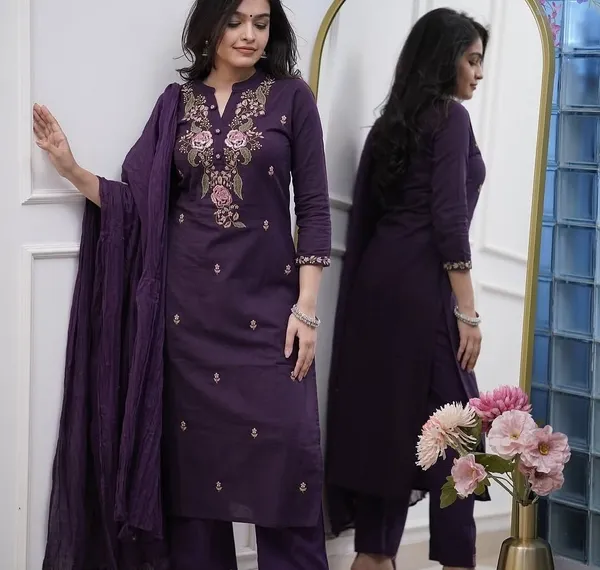 Purple_Cotton_Slim_Fit_Embroidered_Kurta_Set_For_Women