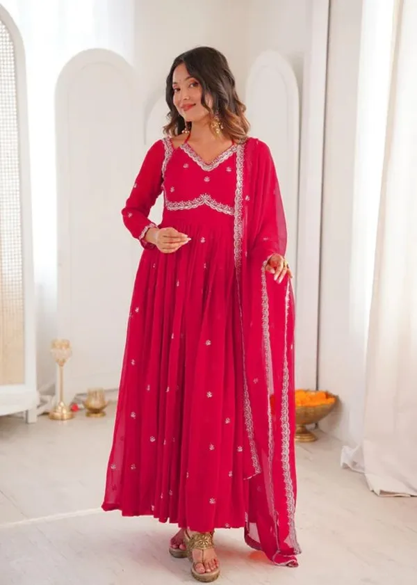 Red_Cotton_Anarkali_Embroidered_Kurta_Set_For_Women