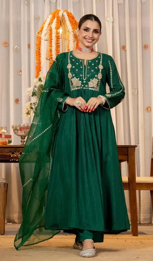 Green_Chanderi_Silk_Embroidered_Anarkali_Kurta_Set_For_Women