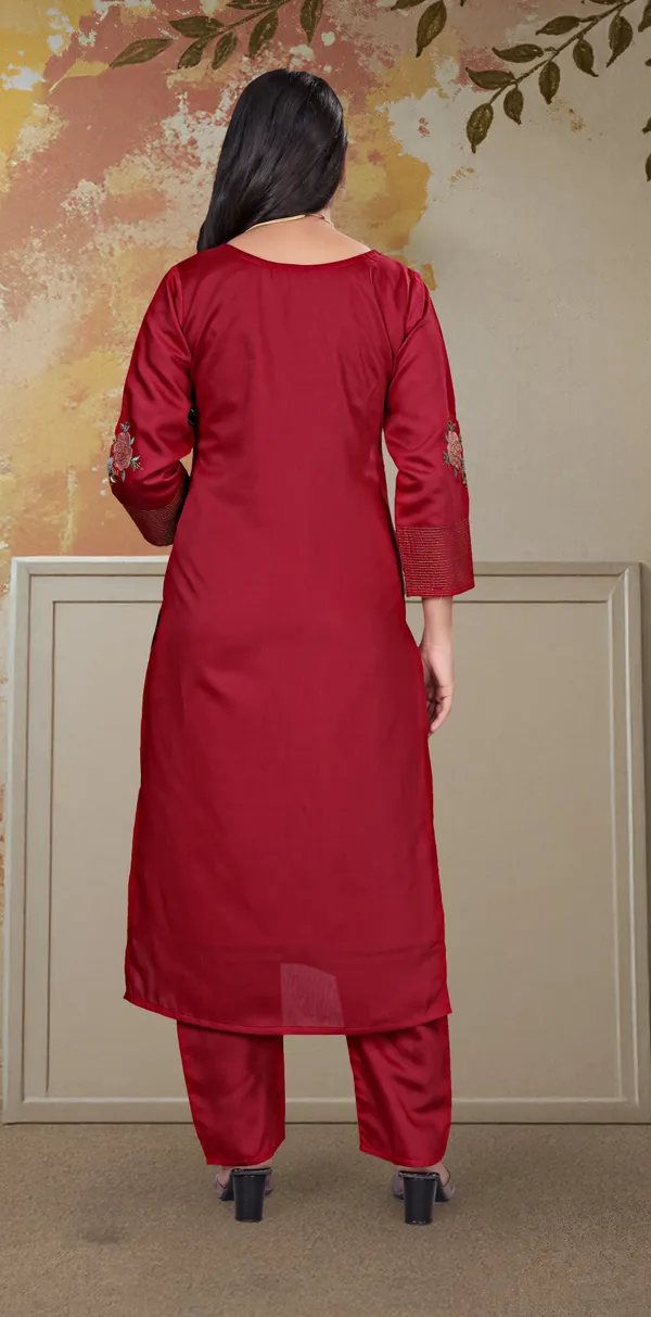 Maroon_Chanderi_Silk_Straight_Embroidered_Kurta_Set_For_Women