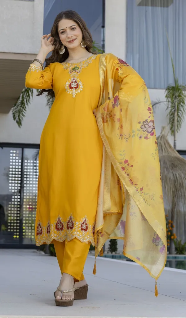 Yellow_Cotton_Embroidered_Kurta_Trouser_Dupatta_Set_For_Women