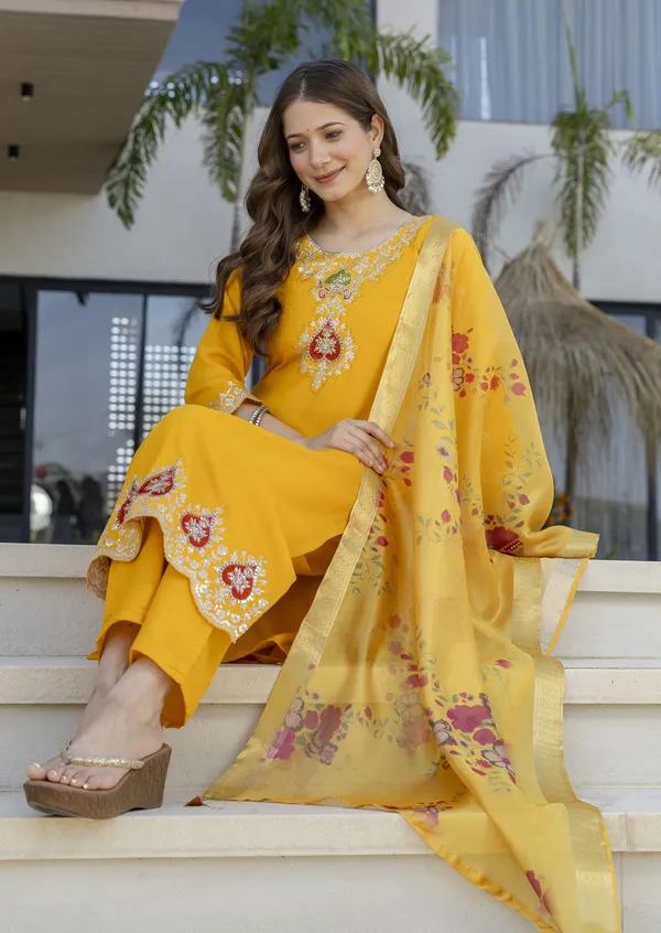 Yellow_Cotton_Embroidered_Kurta_Trouser_Dupatta_Set_For_Women