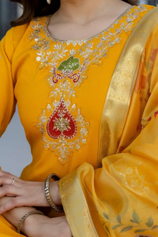 Yellow_Cotton_Embroidered_Kurta_Trouser_Dupatta_Set_For_Women