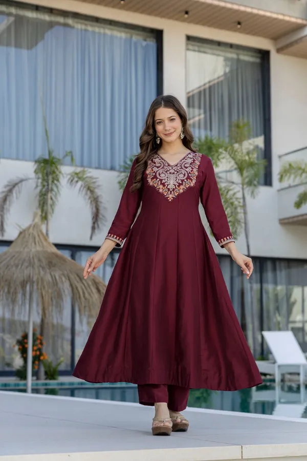 Maroon_Chinon_Embroidered_Anarkali_Kurta_Bottom_Dupatta_Set_For_Women