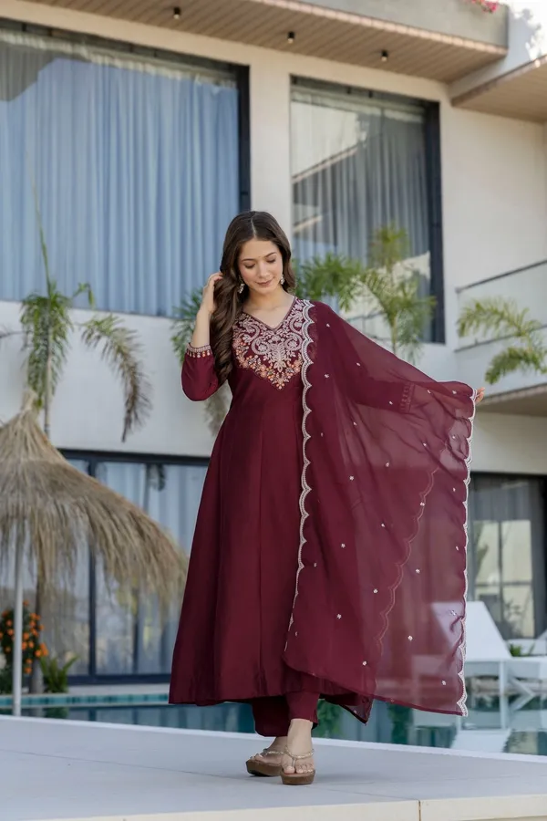 Maroon_Chinon_Embroidered_Anarkali_Kurta_Bottom_Dupatta_Set_For_Women