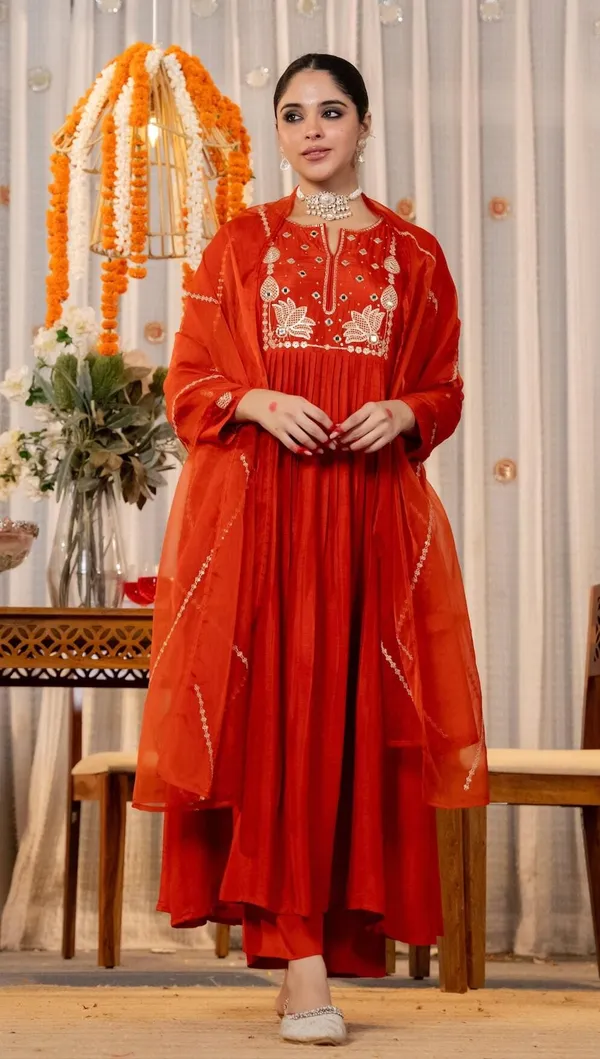 Orange_Chanderi_Silk_Embroidered_Anarkali_Kurta_Set_For_Women