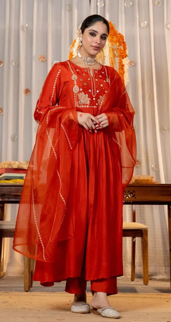 Orange_Chanderi_Silk_Embroidered_Anarkali_Kurta_Set_For_Women