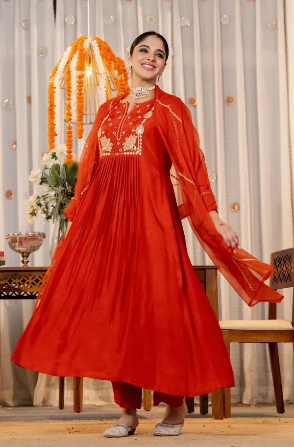 Orange_Chanderi_Silk_Embroidered_Anarkali_Kurta_Set_For_Women