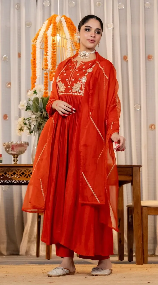 Orange_Chanderi_Silk_Embroidered_Anarkali_Kurta_Set_For_Women