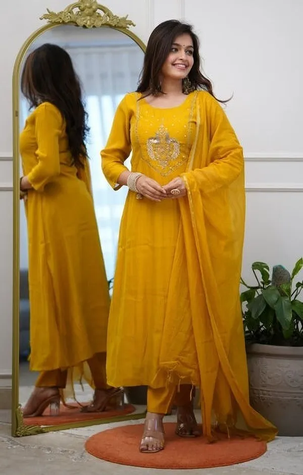 Yellow_Chanderi_Embroidered_Straight_Kurta_Trouser_Dupatta_Set_For_Women