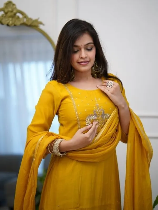 Yellow_Chanderi_Embroidered_Straight_Kurta_Trouser_Dupatta_Set_For_Women