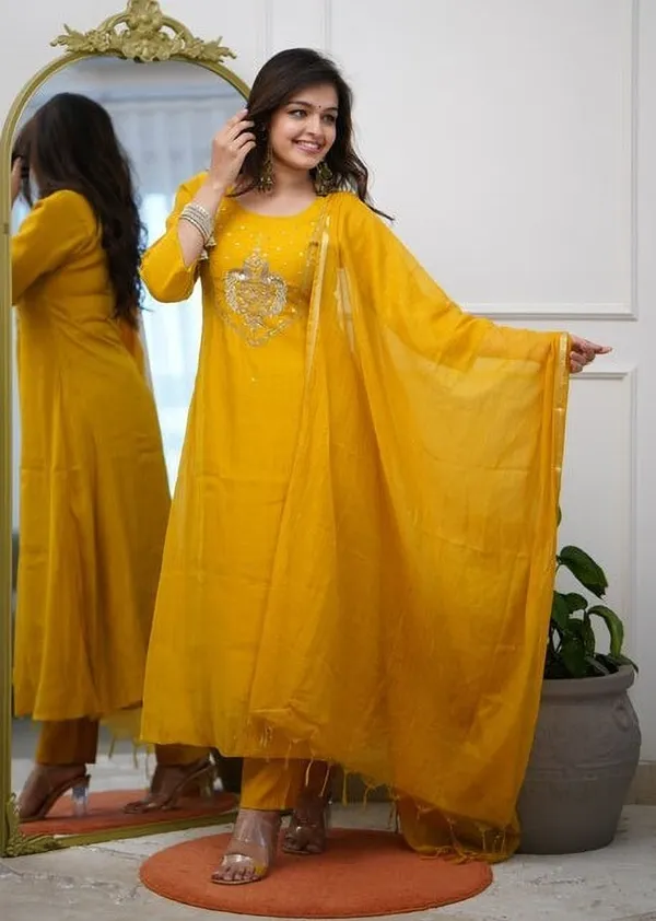 Yellow_Chanderi_Embroidered_Straight_Kurta_Trouser_Dupatta_Set_For_Women