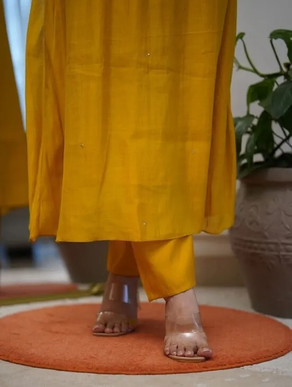 Yellow_Chanderi_Embroidered_Straight_Kurta_Trouser_Dupatta_Set_For_Women