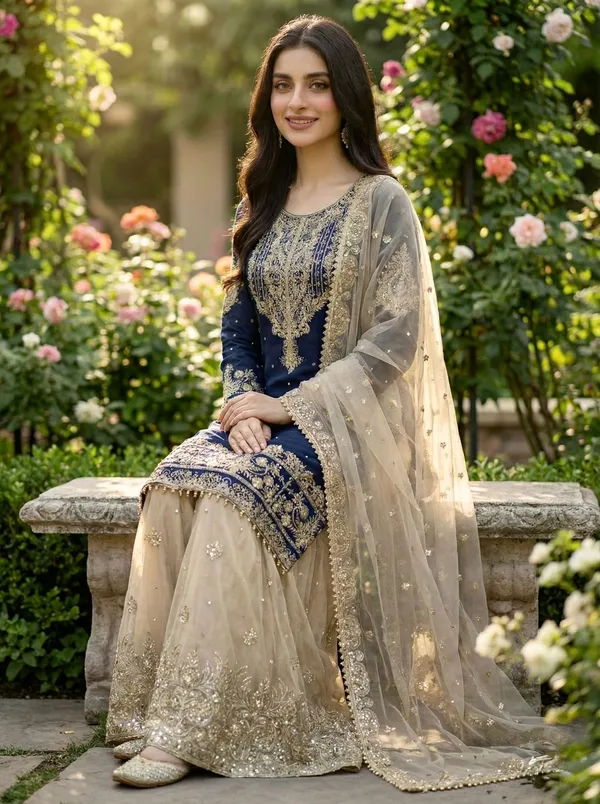 Dark_Blue_Cotton_Embroidered_Embellished_Kurta_Set_For_Women