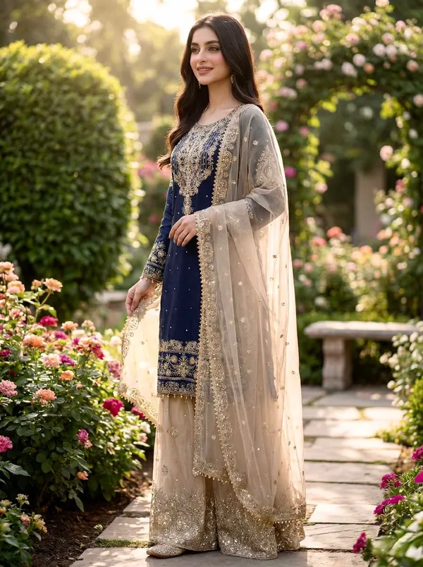 Dark_Blue_Cotton_Embroidered_Embellished_Kurta_Set_For_Women