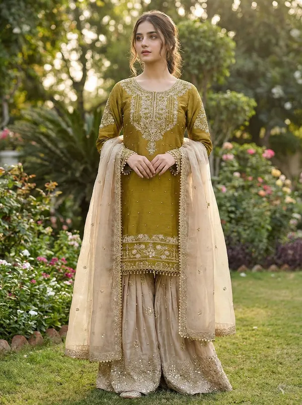 Mustard_Gmy_Silk_Straight_Embroidered_Kurta_Set_For_Women