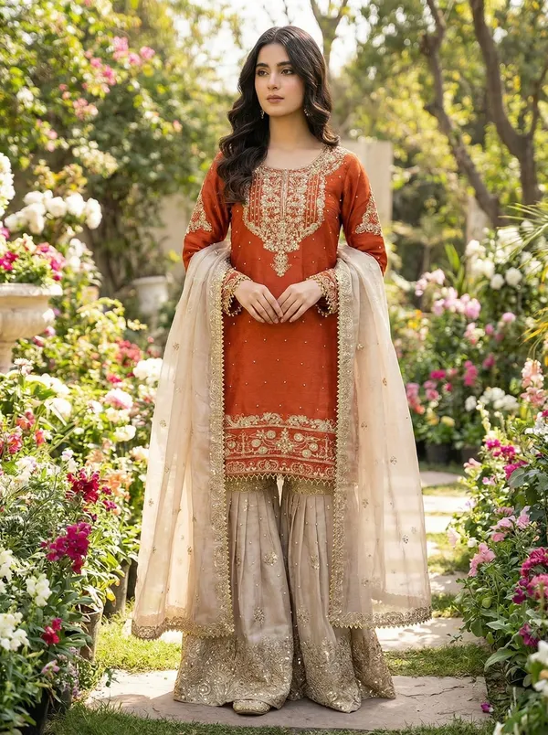 Orange_Cotton_Embellished_Embroidered_Kurta_Trouser_Dupatta_Set_For_Women