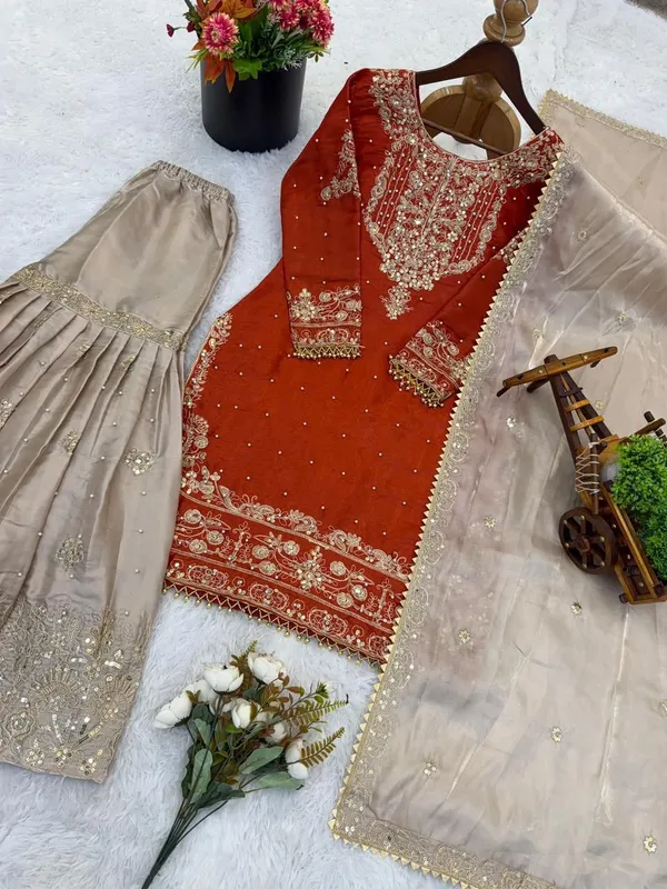 Orange_Cotton_Embellished_Embroidered_Kurta_Trouser_Dupatta_Set_For_Women