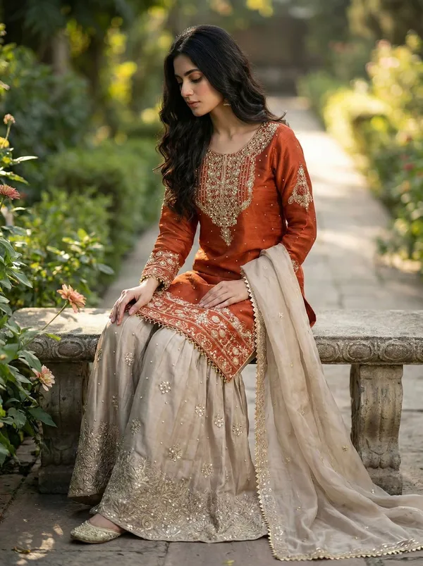 Orange_Cotton_Embellished_Embroidered_Kurta_Trouser_Dupatta_Set_For_Women