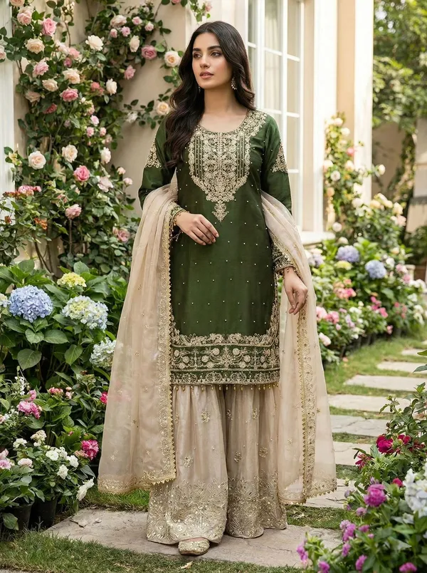 Green_Heavy_Silk_Embroidered_Sequin_Kurta_Set_For_Women