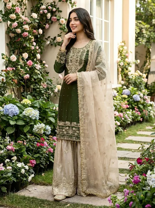 Green_Heavy_Silk_Embroidered_Sequin_Kurta_Set_For_Women