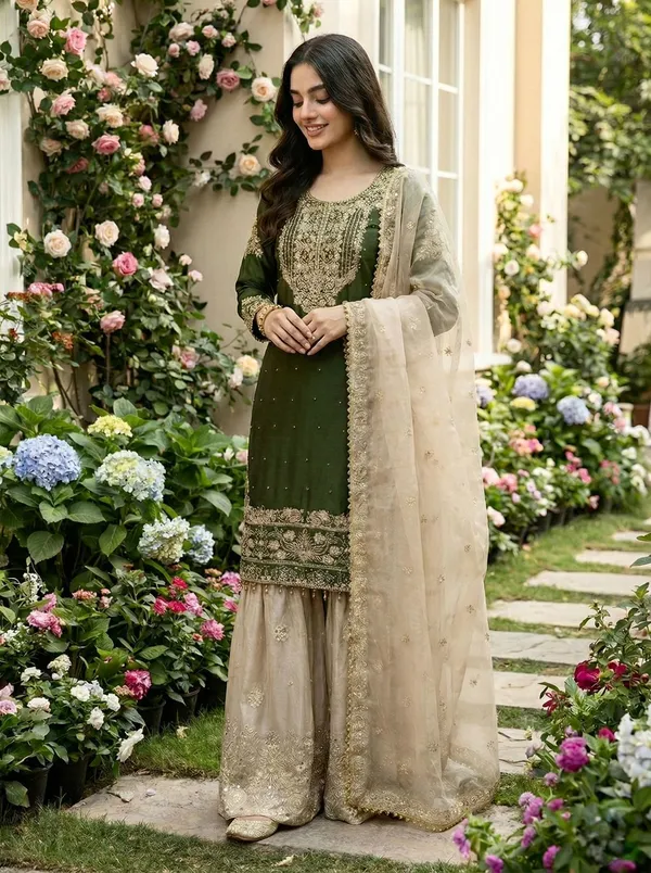 Green_Heavy_Silk_Embroidered_Sequin_Kurta_Set_For_Women