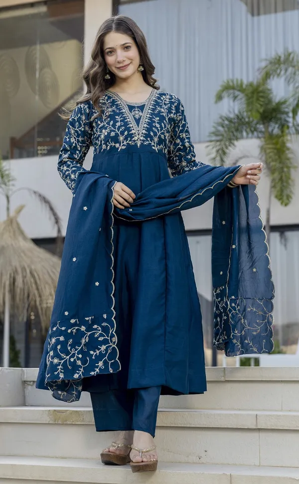 Blue_Vichitra_Silk_Embroidered_Straight_Kurta_Trouser_Dupatta_Set_For_Women